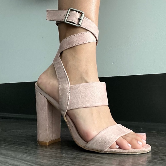 EUC Light Pink Suede Block Heels - Picture 2 of 5